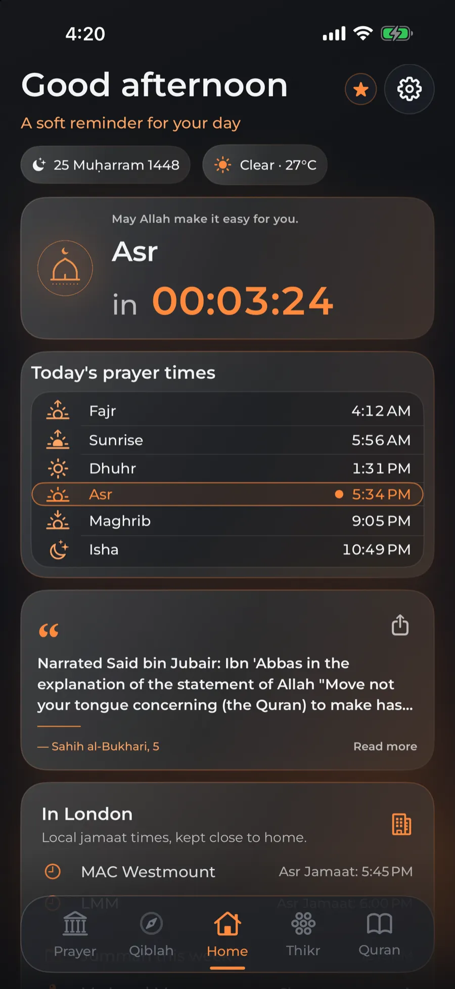 The UmmahVeu home screen counting down to the next prayer.