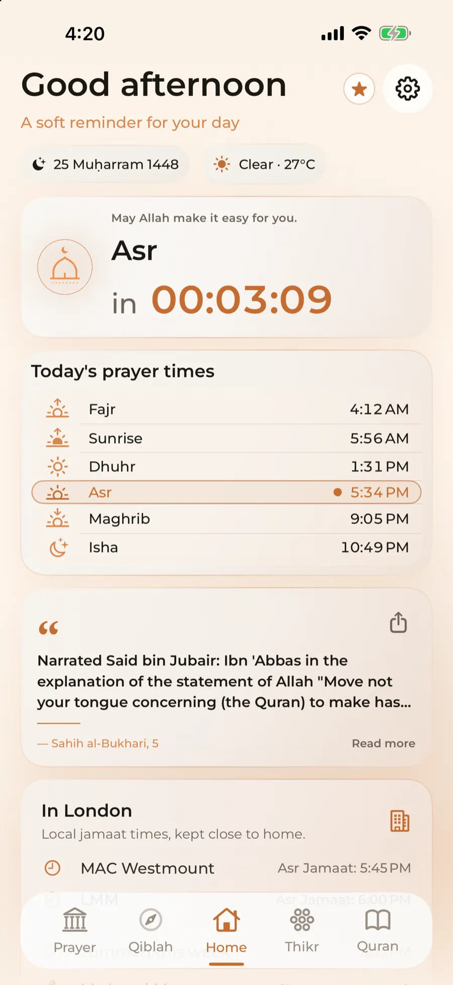 The same home screen in light mode, on a warm cream background.