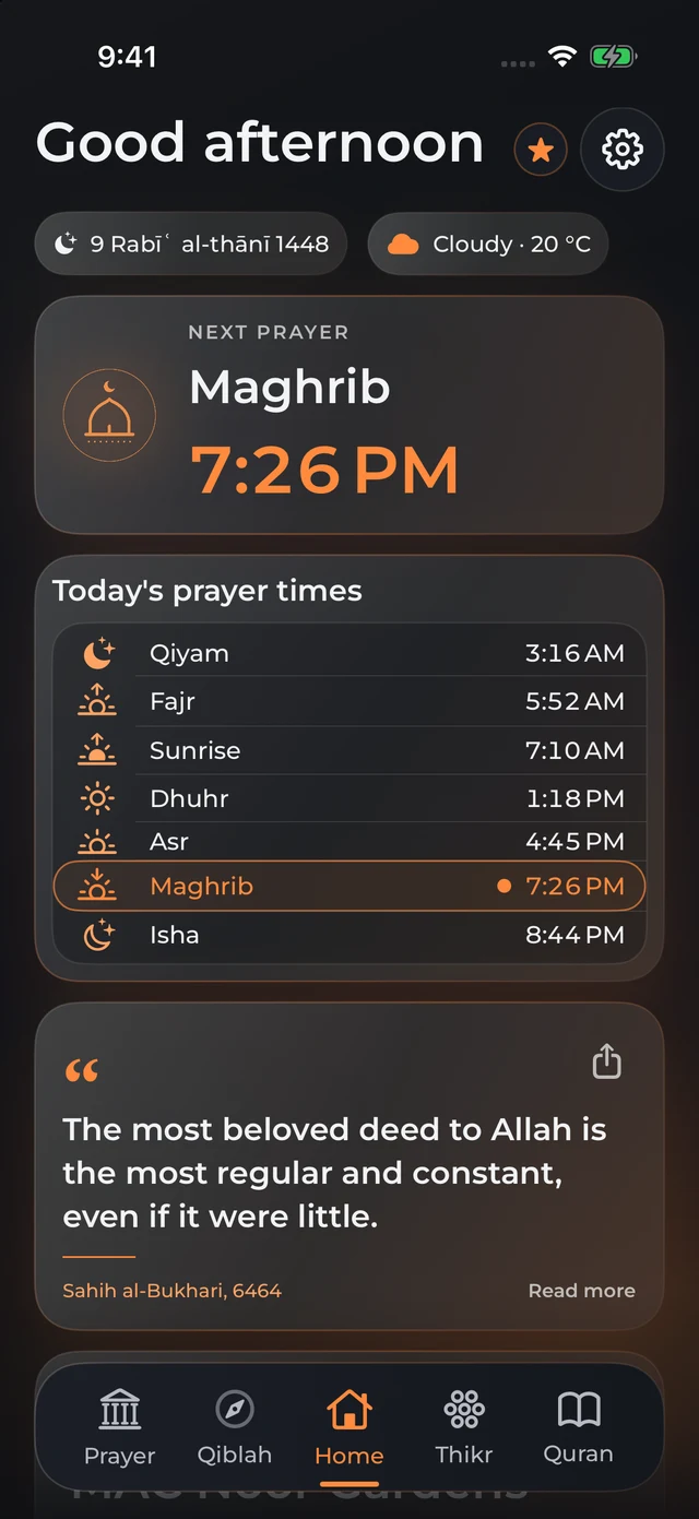 Inside UmmahVeu: the next prayer, daily prayer times, and a moment of reflection.