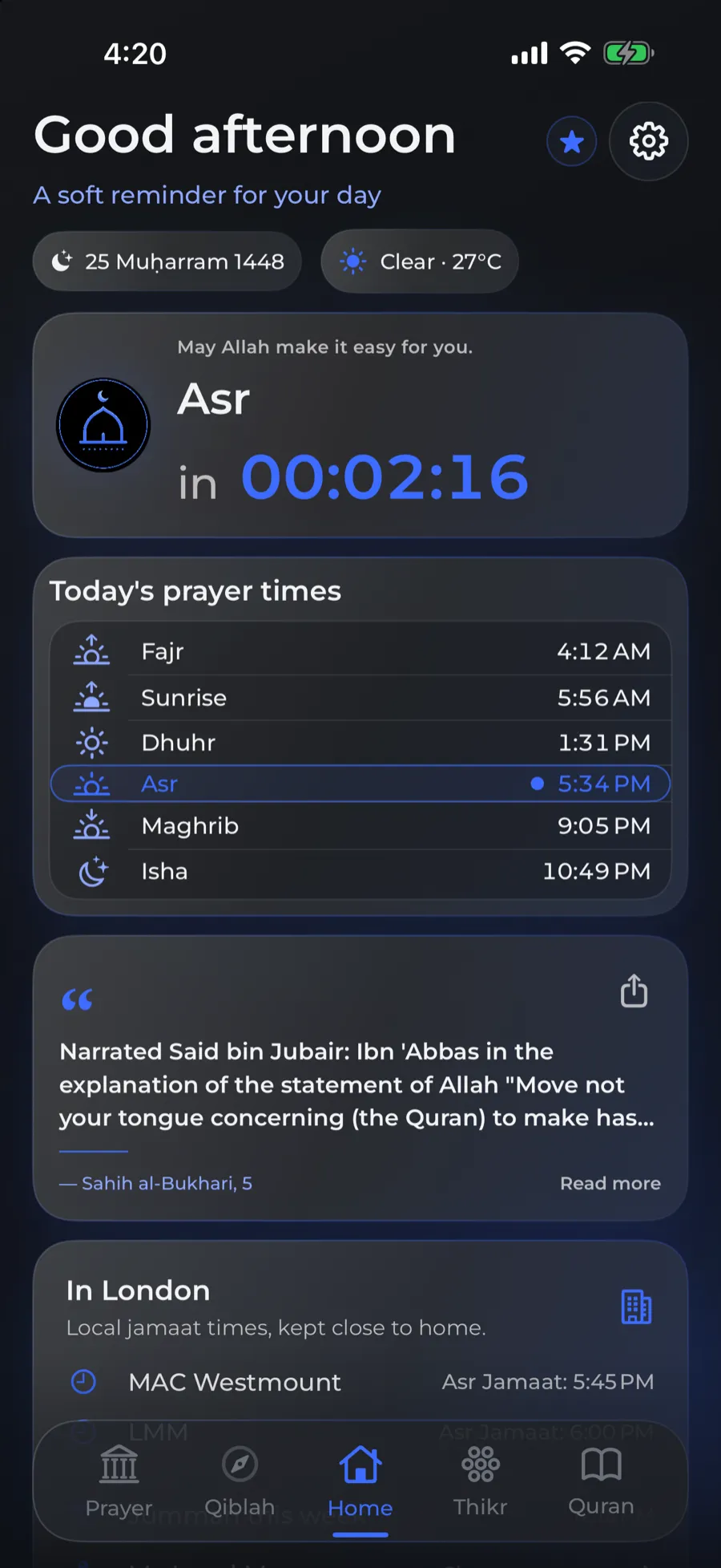 The UmmahVeu home screen in the Midnight Navy palette.