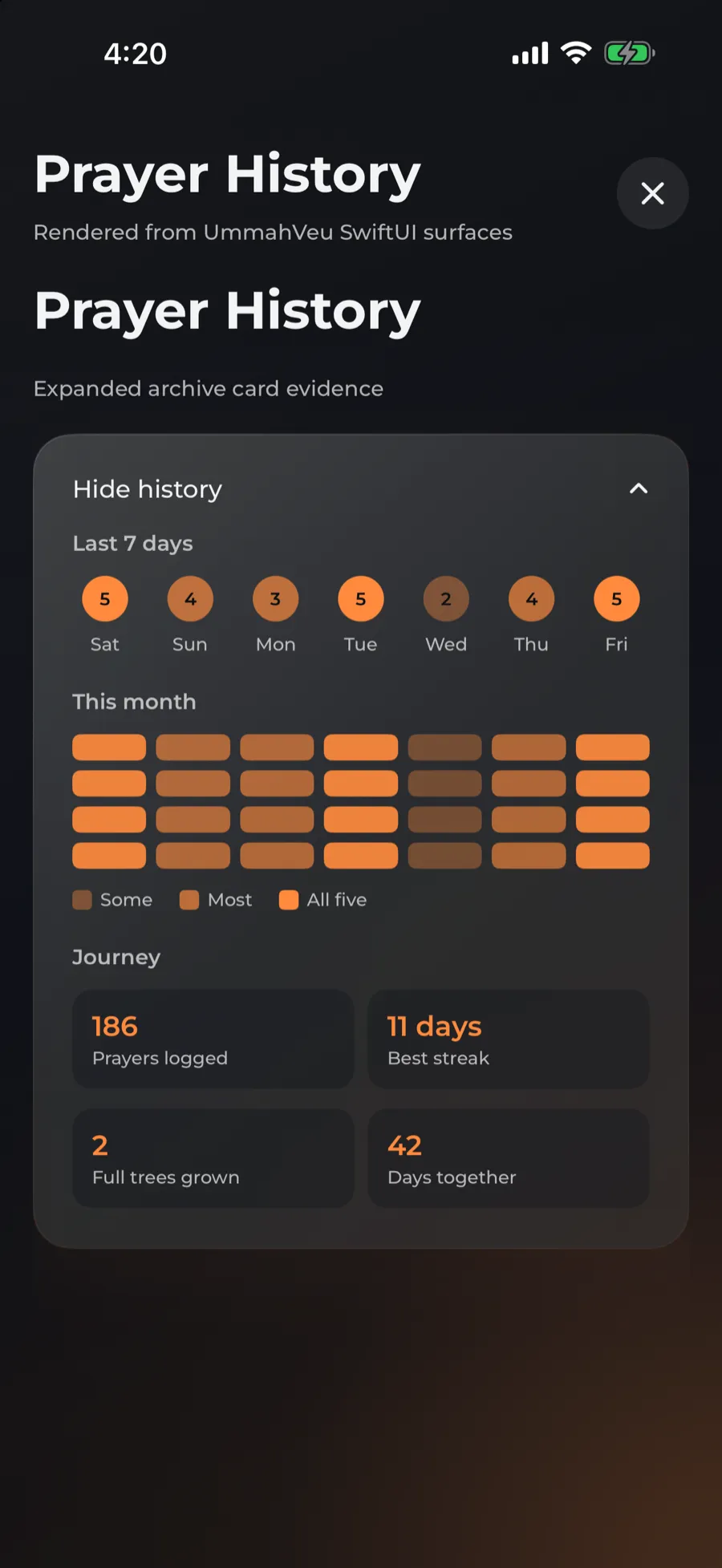 Prayer history showing logged prayers over recent weeks.