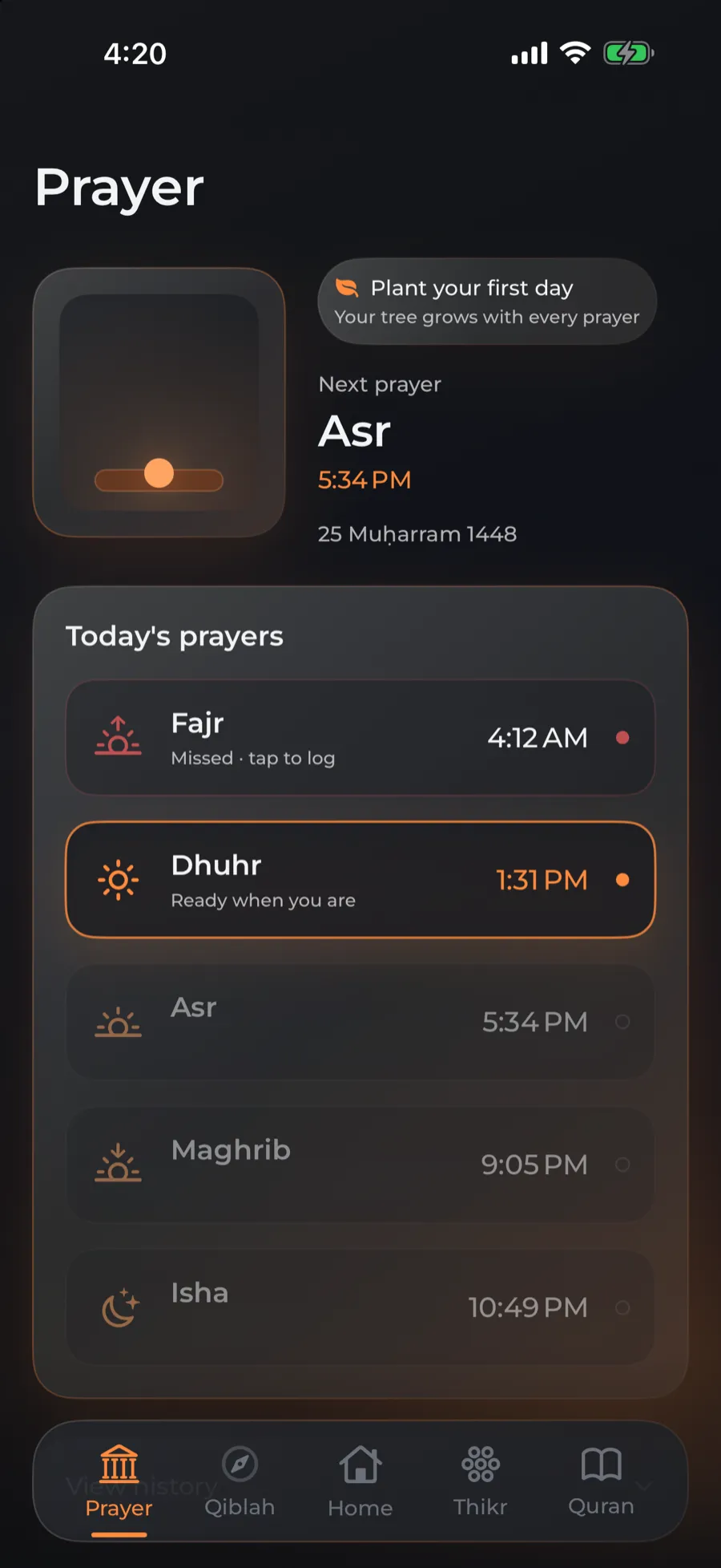 The prayer times screen with the next prayer highlighted.